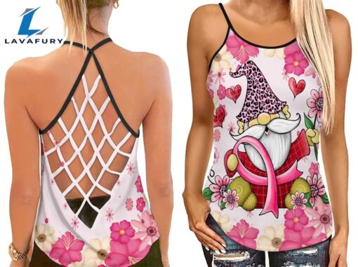 Breast Cancer Awareness Criss-Cross Tank Top Pink Ribbon Gnomies Pink Hippie