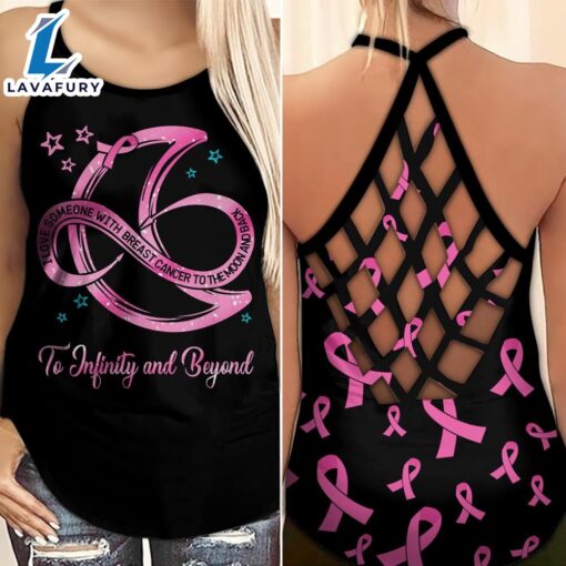 Breast Cancer Awareness Criss-Cross Tank Top Pink Ribbon I Love Someone With Breast Cancer To The Moon And Back