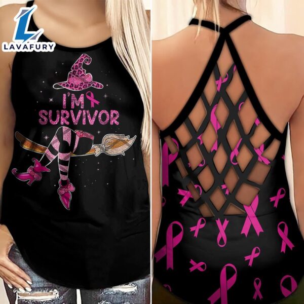 Breast Cancer Awareness Criss-Cross Tank Top Pink Ribbon I’m Survivor Witch