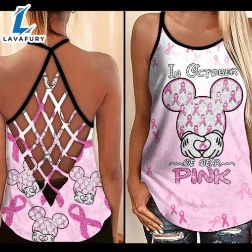 Breast Cancer Awareness Criss-Cross Tank Top Pink Ribbon In October We Wear Pink Mickey Mouse