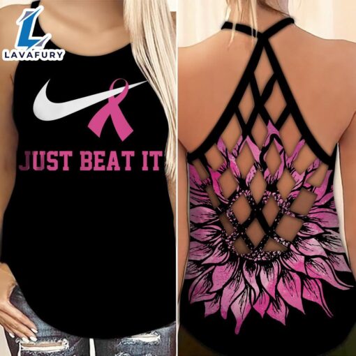 Breast Cancer Awareness Criss-Cross Tank Top Pink Ribbon Just Beat It