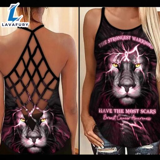 Breast Cancer Awareness Criss-Cross Tank Top Pink Ribbon Lion The Strongest Warriors Have The Most Scars