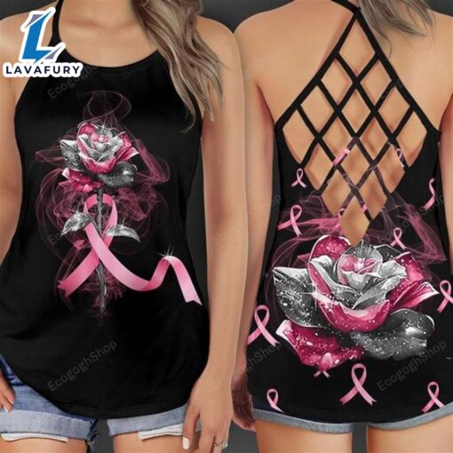 Breast Cancer Awareness Criss-Cross Tank Top Pink Ribbon Rose Flower