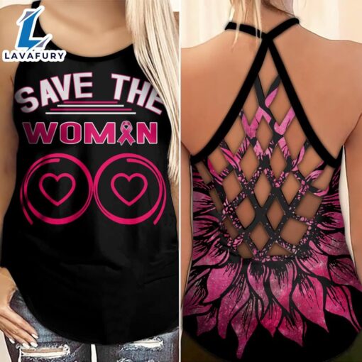 Breast Cancer Awareness Criss-Cross Tank Top Pink Ribbon Save The Woman