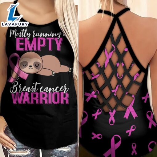 Breast Cancer Awareness Criss-Cross Tank Top Pink Ribbon Sloth Mostly Running On Empty