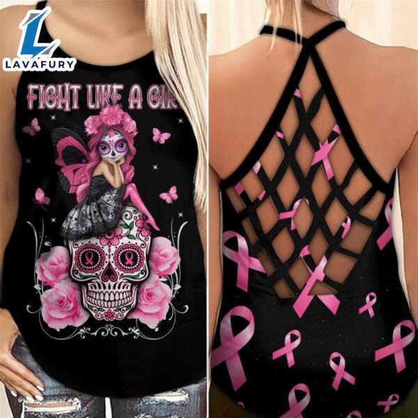 Breast Cancer Awareness Criss-Cross Tank Top Pink Ribbon Sugar Skull Girl Fight Like A Girl