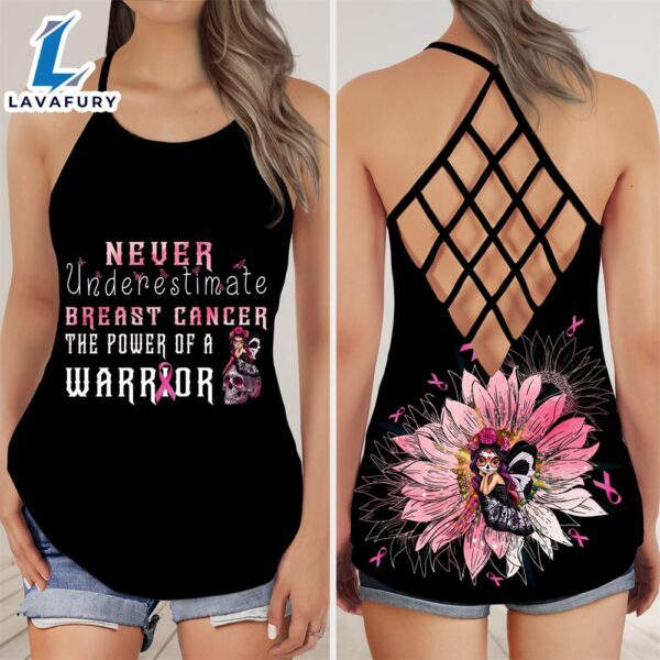 Breast Cancer Awareness Criss-Cross Tank Top Pink Ribbon Sugar Skull Girl Never Underestimate Warrior