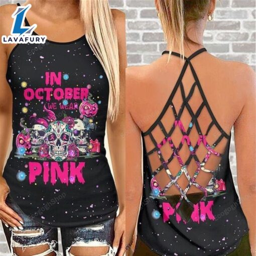 Breast Cancer Awareness Criss-Cross Tank Top Pink Ribbon Sugar Skull In October We Wear Pink