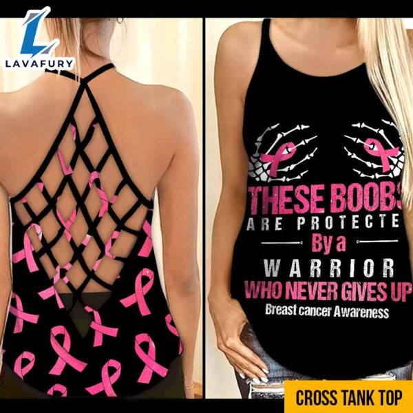 Breast Cancer Awareness Criss-Cross Tank Top Pink Ribbon These Boobs Are Protected By A Warrior