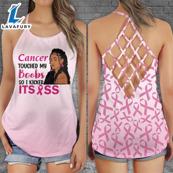 Breast Cancer Awareness Criss-Cross Tank Top Pink Ribbon Touched Me Boob Kicked It Ass