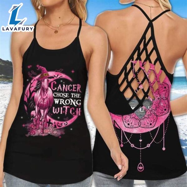 Breast Cancer Awareness Criss-Cross Tank Top Pink Ribbon Witch Horse Cancer Chose The Wrong Witch Halloween