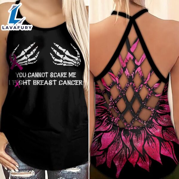 Breast Cancer Awareness Criss-Cross Tank Top Pink Ribbon You Can Not Scare Me Skeleton