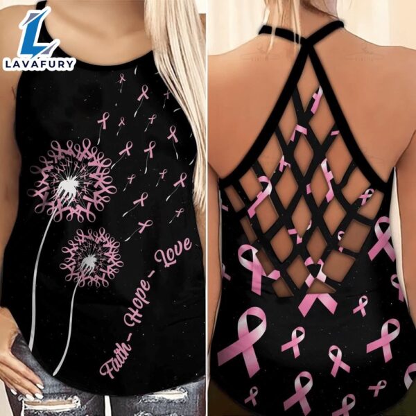 Breast Cancer Awareness Criss-Cross Tank Top Pink Ribon Dandelion Flower Faith Hope Love
