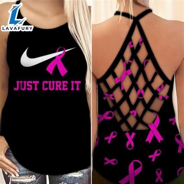 Breast Cancer Awareness Criss-Cross Tank Top Pink Ribon Just Cure It