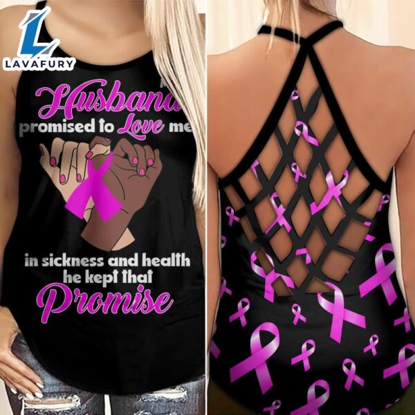Breast Cancer Awareness Criss-Cross Tank Top Pink Ribon My Husband Promised To Love Me