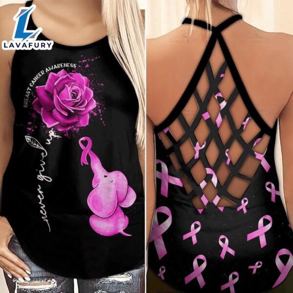 Breast Cancer Awareness Criss-Cross Tank Top Pink Rose Flower Baby Elephant Never Give Up