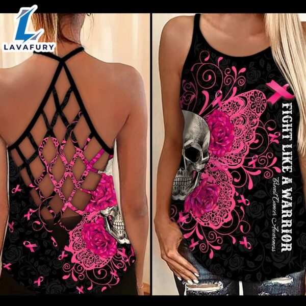 Breast Cancer Awareness Criss-Cross Tank Top Pink Skull Butterfly Fight Like A Girl