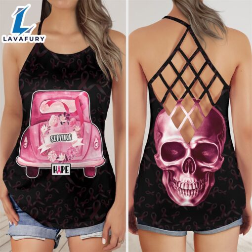 Breast Cancer Awareness Criss-Cross Tank Top Pink Skull Survivor Hope Truck