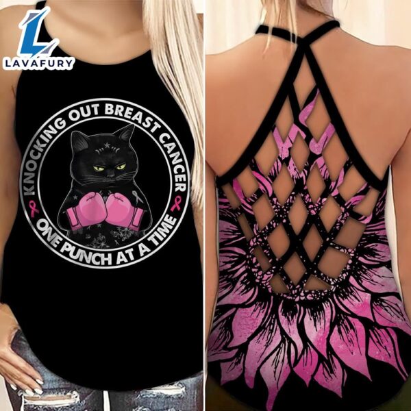 Breast Cancer Awareness Criss-Cross Tank Top Pink Sunflower Black Cat One Punch At A Time