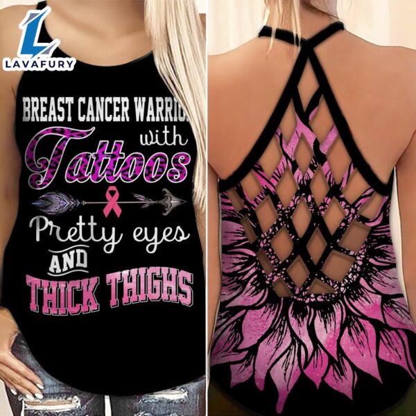 Breast Cancer Awareness Criss-Cross Tank Top Pink Sunflower Breast Cancer Warrior With Tattoos