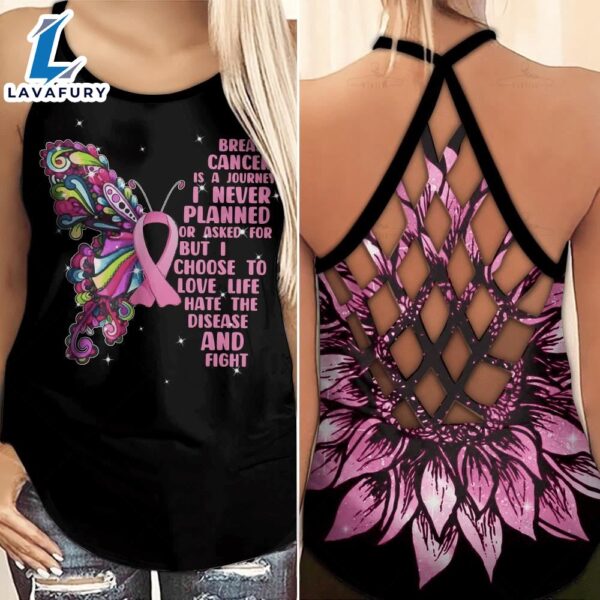 Breast Cancer Awareness Criss-Cross Tank Top Pink Sunflower Butterfly Breast Cancer Is A Journey