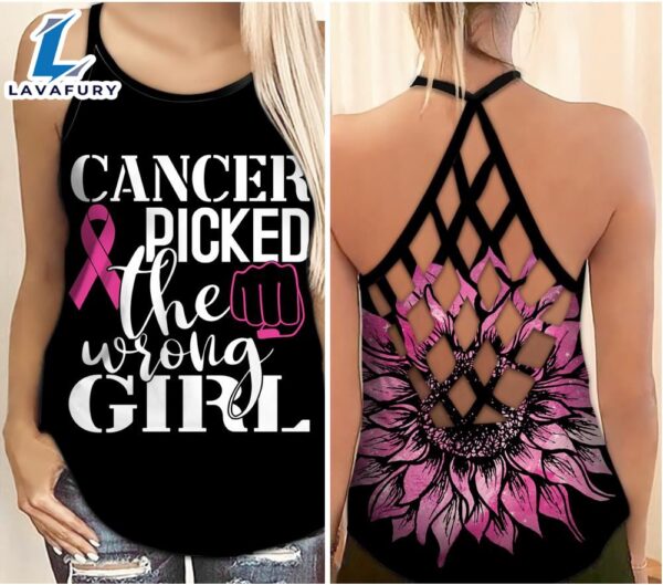 Breast Cancer Awareness Criss-Cross Tank Top Pink Sunflower Cancer You Picked The Wrong Girl