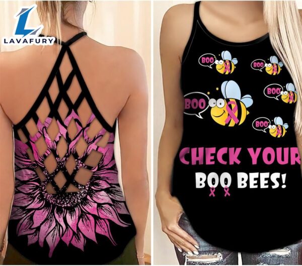 Breast Cancer Awareness Criss-Cross Tank Top Pink Sunflower Check Your Boo Bees