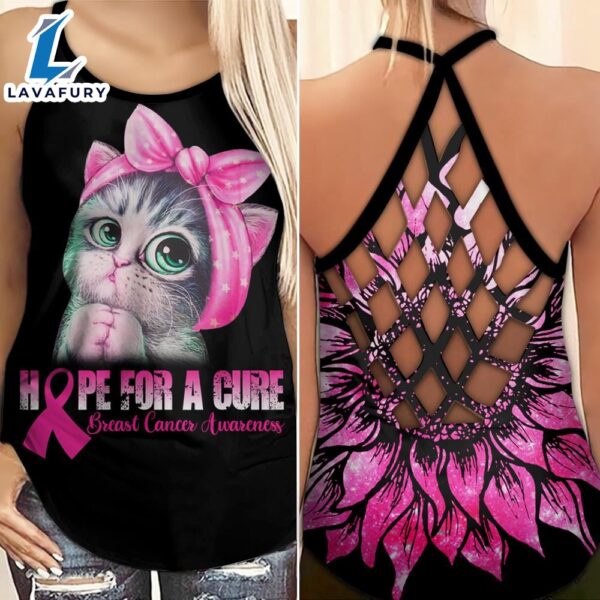 Breast Cancer Awareness Criss-Cross Tank Top Pink Sunflower Cute Cat Hope For A Cure