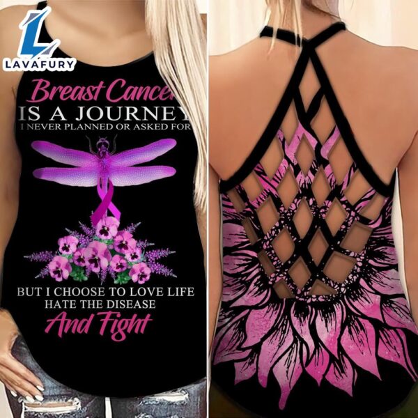 Breast Cancer Awareness Criss-Cross Tank Top Pink Sunflower Dragonfly Breast Cancer Is A Journey