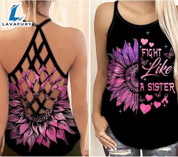 Breast Cancer Awareness Criss-Cross Tank Top Pink Sunflower Fight Like A Sister