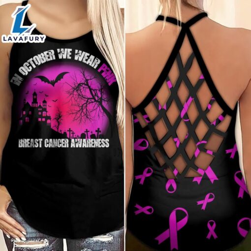 Breast Cancer Awareness Criss-Cross Tank Top Pink Sunflower Halloween Moon In October We Wear Pink