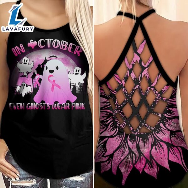 Breast Cancer Awareness Criss-Cross Tank Top Pink Sunflower In October Even Ghosts Wear Pink