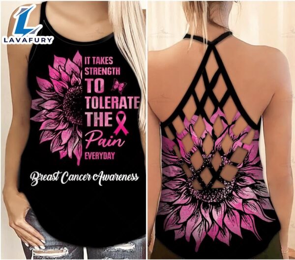 Breast Cancer Awareness Criss-Cross Tank Top Pink Sunflower It Takes Strength