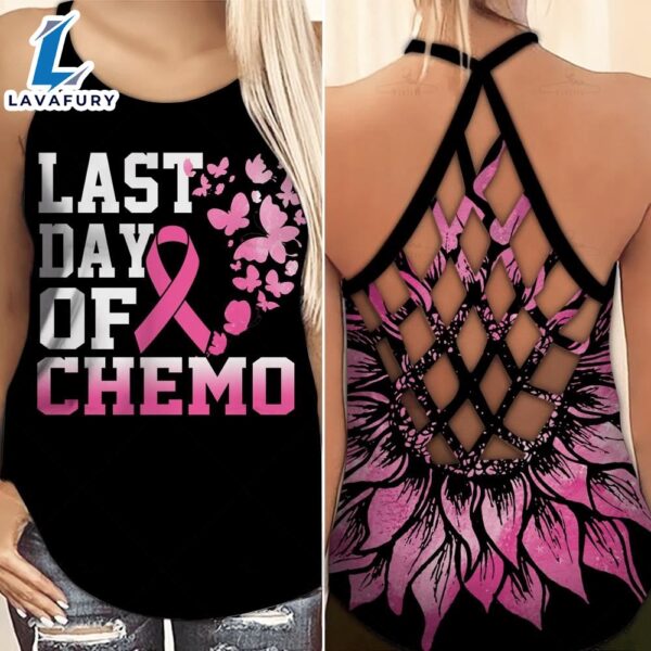 Breast Cancer Awareness Criss-Cross Tank Top Pink Sunflower Last Day Of Chemo