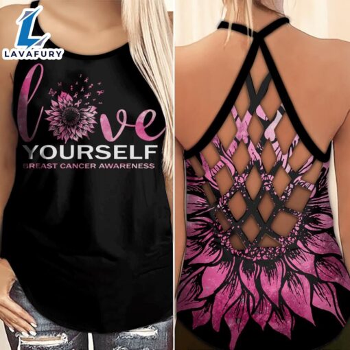 Breast Cancer Awareness Criss-Cross Tank Top Pink Sunflower Love Yourself