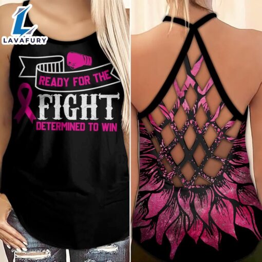 Breast Cancer Awareness Criss-Cross Tank Top Pink Sunflower Ready For The Fight Determined To Win