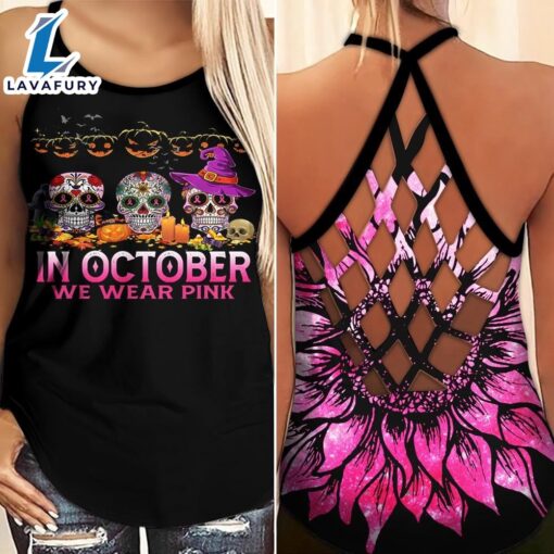 Breast Cancer Awareness Criss-Cross Tank Top Pink Sunflower Skulls In October We Wear Pink