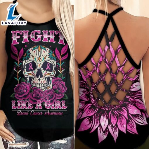 Breast Cancer Awareness Criss-Cross Tank Top Pink Sunflower Sugar Skull Fight Like A Girl