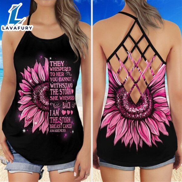 Breast Cancer Awareness Criss-Cross Tank Top Pink Sunflower They Whispered To Her