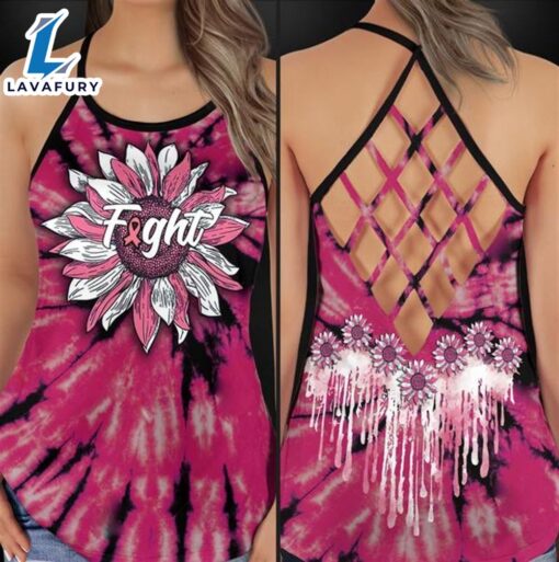 Breast Cancer Awareness Criss-Cross Tank Top Pink Sunflower Tie Dye