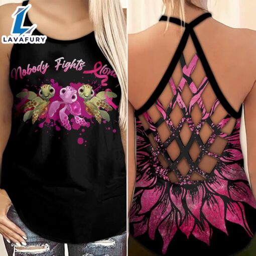 Breast Cancer Awareness Criss-Cross Tank Top Pink Sunflower Turtles Nobody Fights Alone