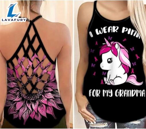 Breast Cancer Awareness Criss-Cross Tank Top Pink Sunflower Unicorn I Wear Pink For My Grandma