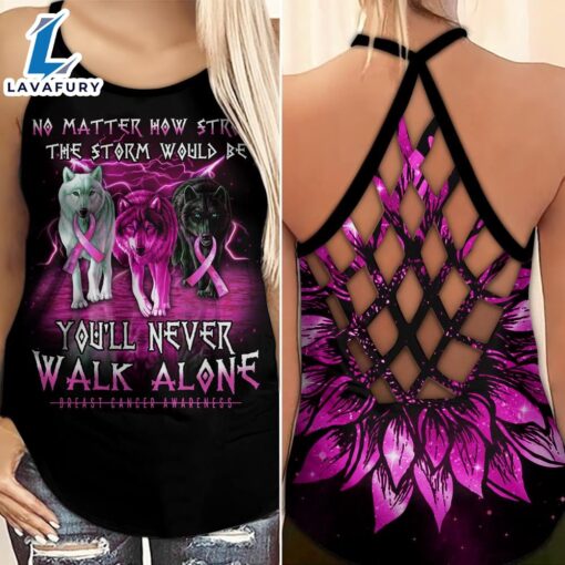 Breast Cancer Awareness Criss-Cross Tank Top Pink Sunflower Wolfs You’ll Never Walk Alone