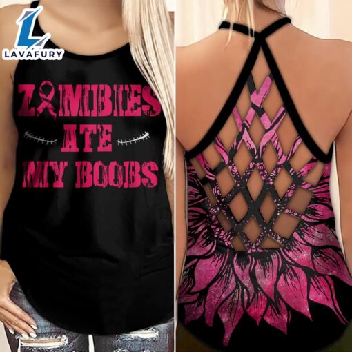 Breast Cancer Awareness Criss-Cross Tank Top Pink Sunflower Zombies Ate My Boobs