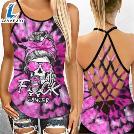 Breast Cancer Awareness Criss-Cross Tank Top Pink Tie Dye Skull Fuck Cancer