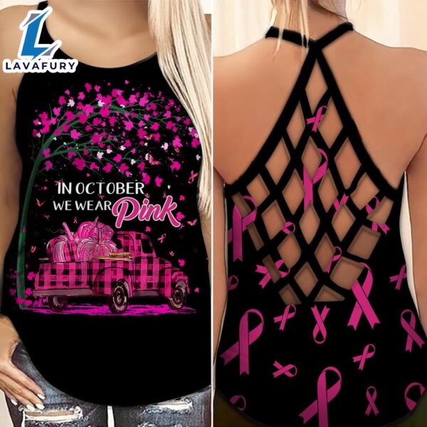 Breast Cancer Awareness Criss-Cross Tank Top Pink Truck Autum In October We Wear Pink