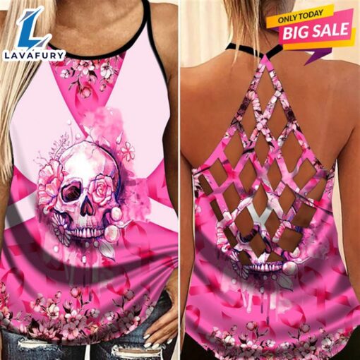 Breast Cancer Awareness Criss-Cross Tank Top Skull Floral