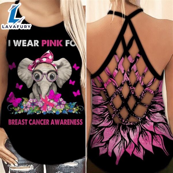 Breast Cancer Awareness Criss-Cross Tank Top Sunflower Baby Elephant I Wear Pink