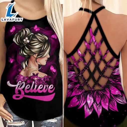 Breast Cancer Awareness Criss-Cross Tank Top Sunflower Believe Girl