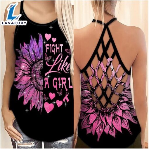 Breast Cancer Awareness Criss-Cross Tank Top Sunflower Fight Like A Girl